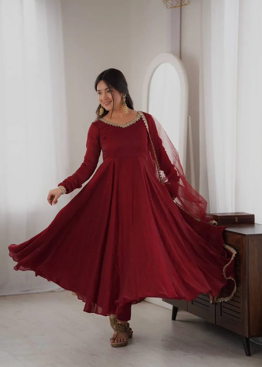 Maroon Doremon Crush Flared Anarkali Suit