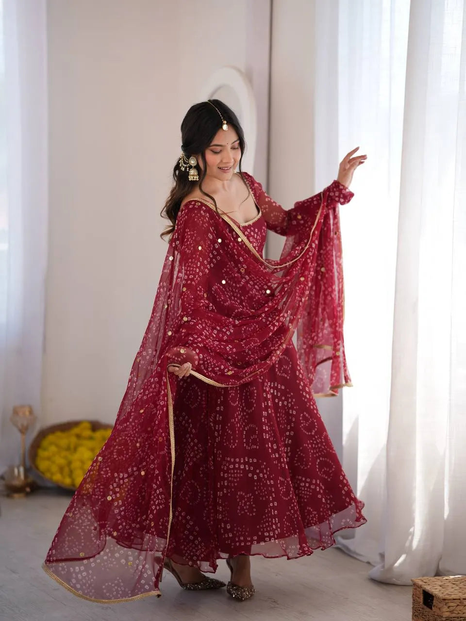 Maroon Digital Print Faux Georgette Flared Anarkali Suit