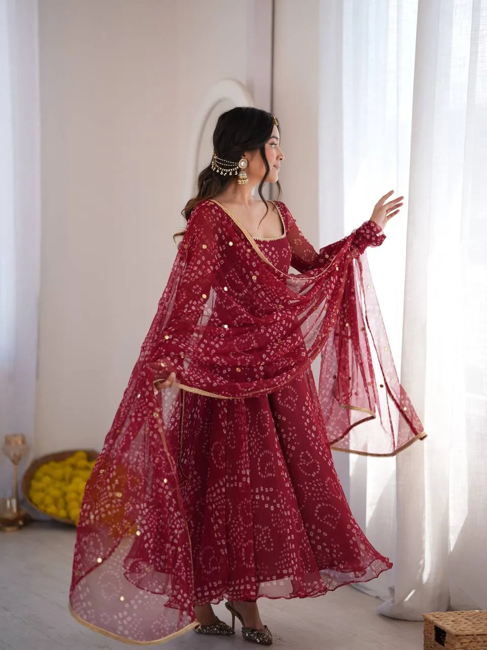 Maroon Digital Print Faux Georgette Flared Anarkali Suit