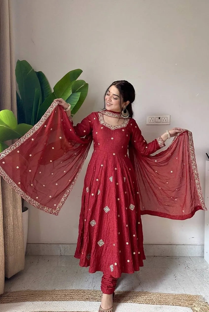 Maroon Embroidered Crunchy Silk Anarkali Suit