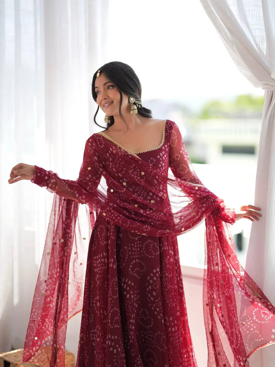 Maroon Digital Print Faux Georgette Flared Anarkali Suit