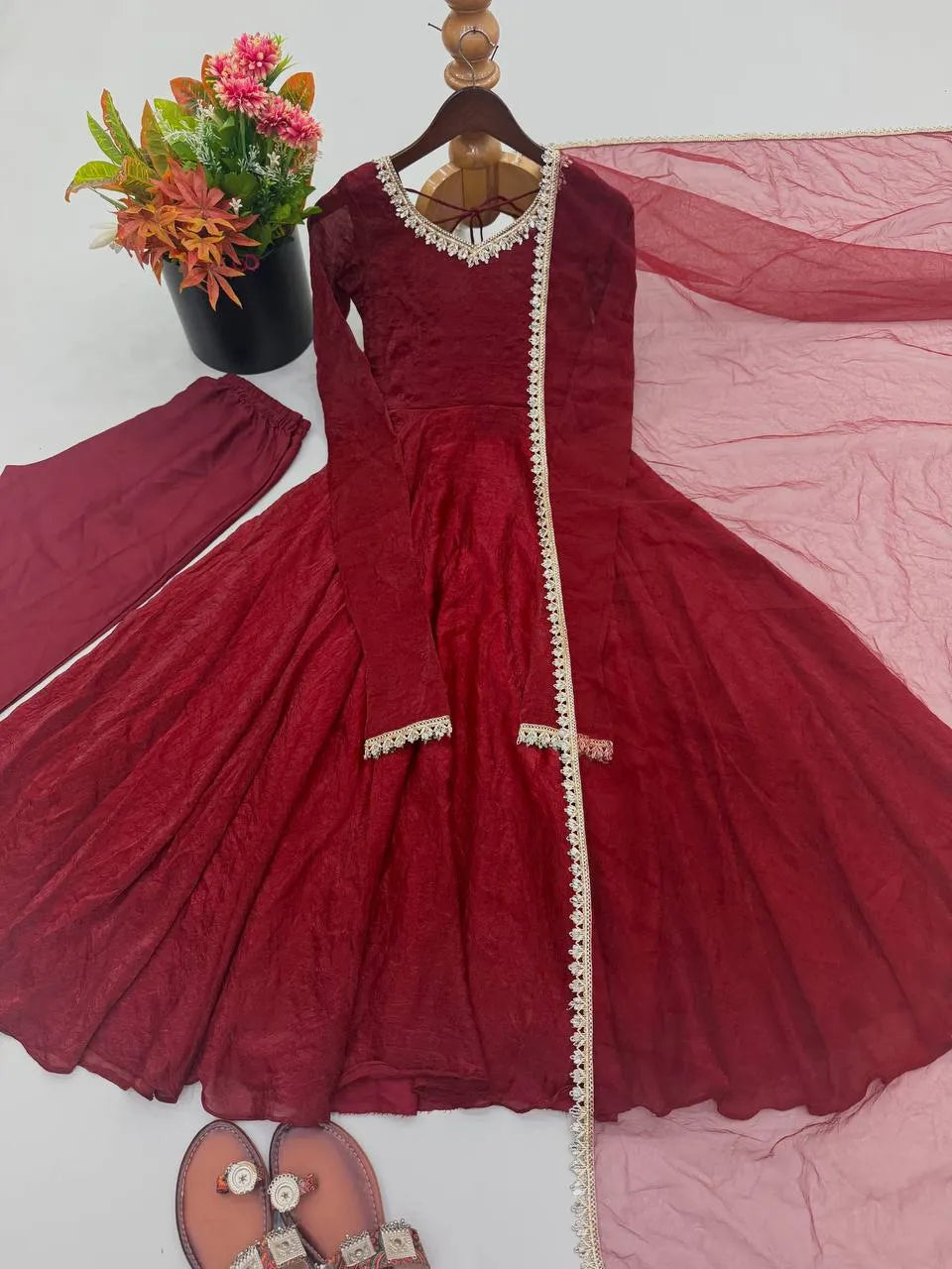 Maroon Doremon Crush Flared Anarkali Suit
