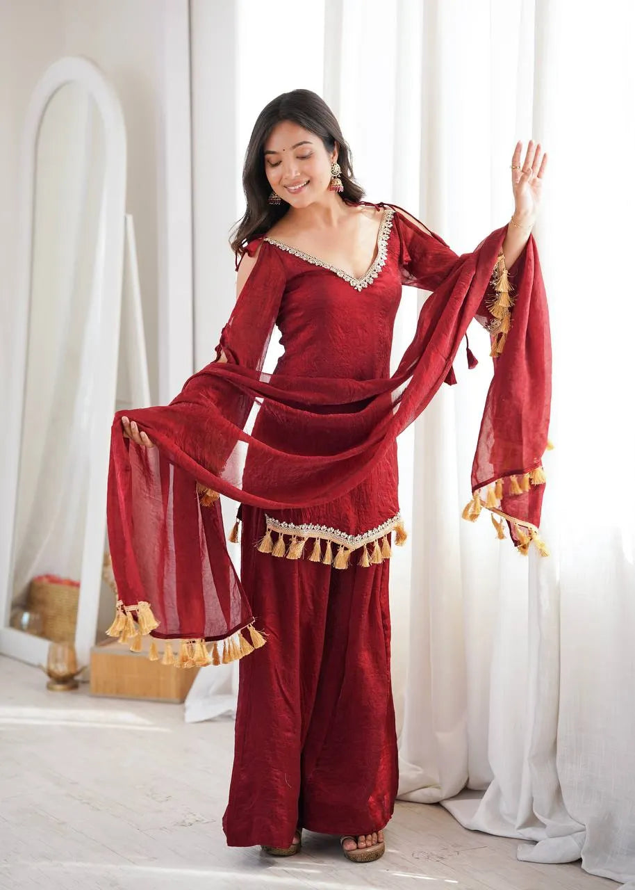Maroon Designer Doremon Crush Palazzo Set