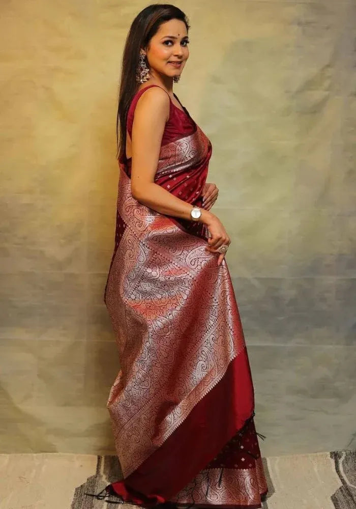 maroon lichi silk saree for women
