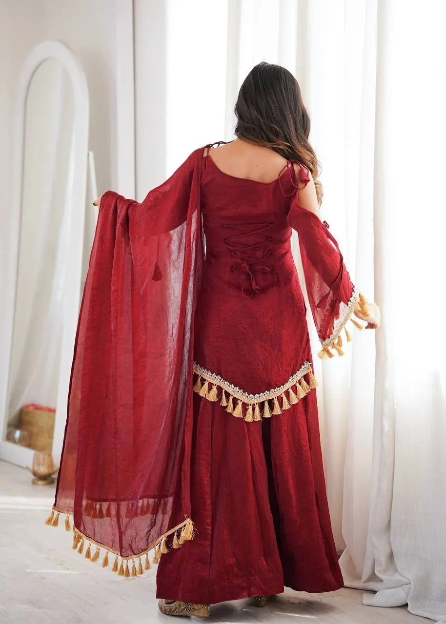 Maroon Designer Doremon Crush Palazzo Set