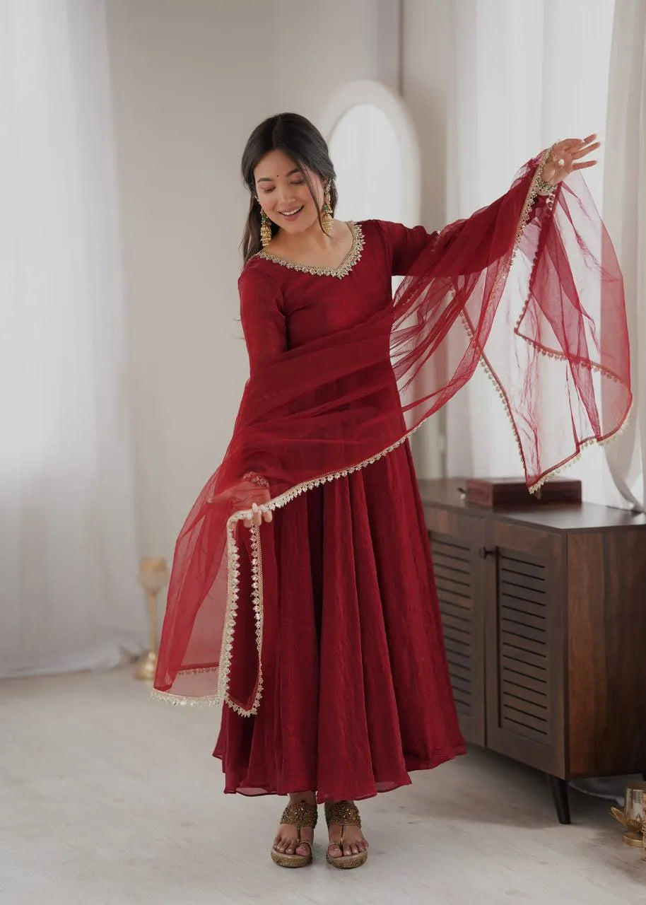 Maroon Doremon Crush Flared Anarkali Suit