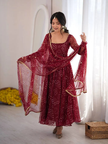 Maroon Digital Print Faux Georgette Flared Anarkali Suit