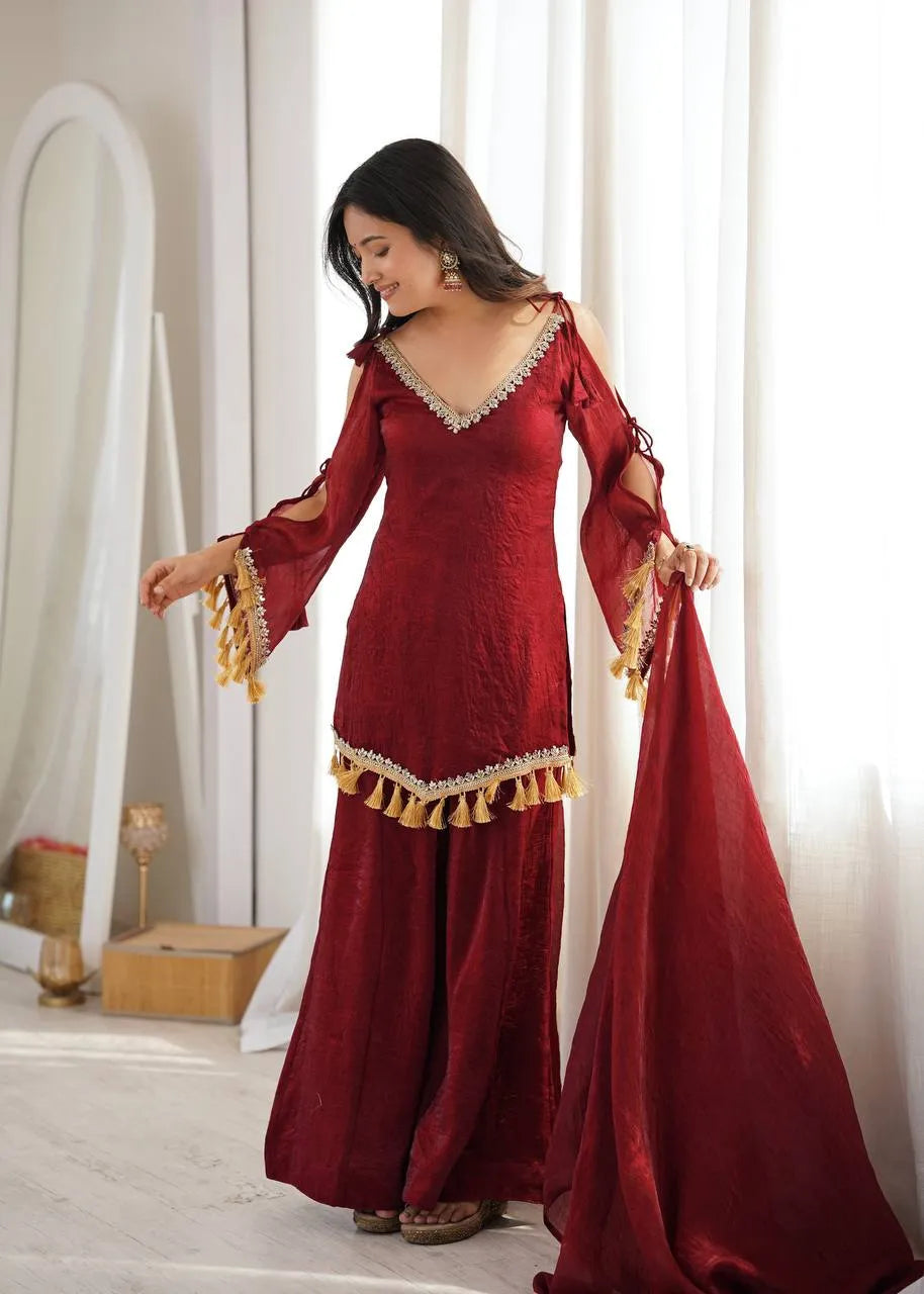 Maroon Designer Doremon Crush Palazzo Set