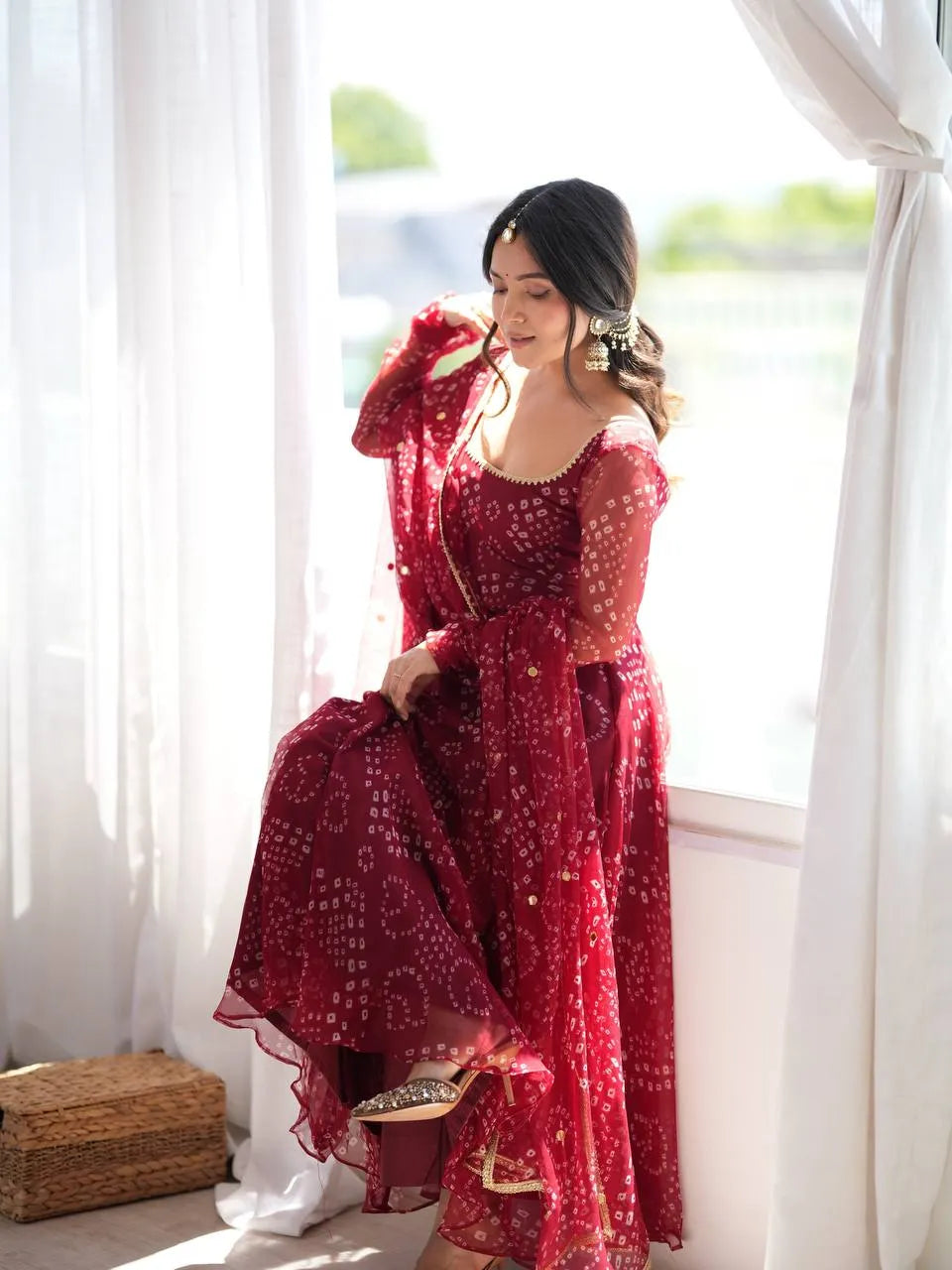 Maroon Digital Print Faux Georgette Flared Anarkali Suit