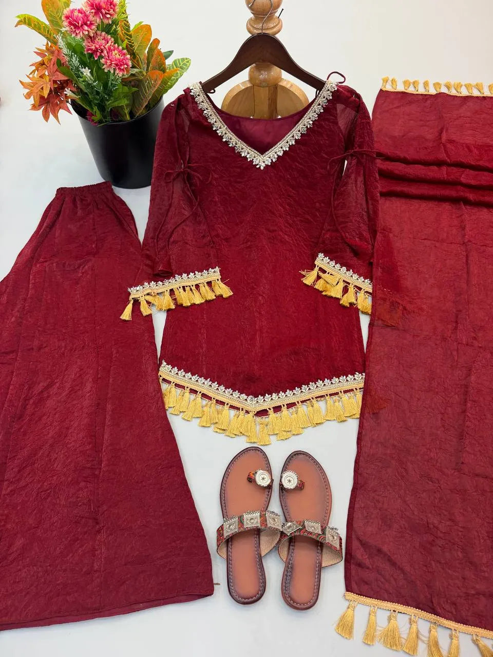 Maroon Designer Doremon Crush Palazzo Set