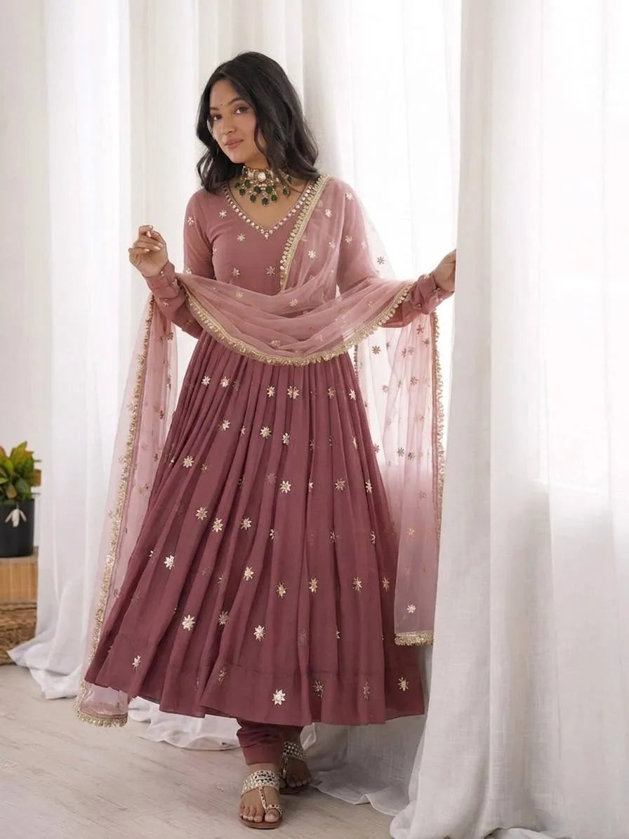 Mauve Embroidered Faux Georgette Flared  Anarkali Suit