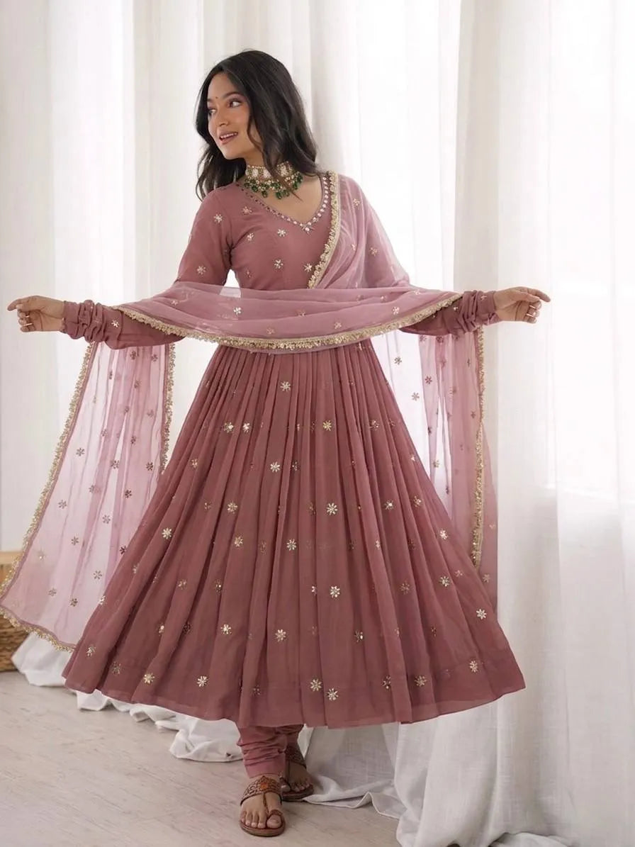 Mauve Embroidered Faux Georgette Flared  Anarkali Suit