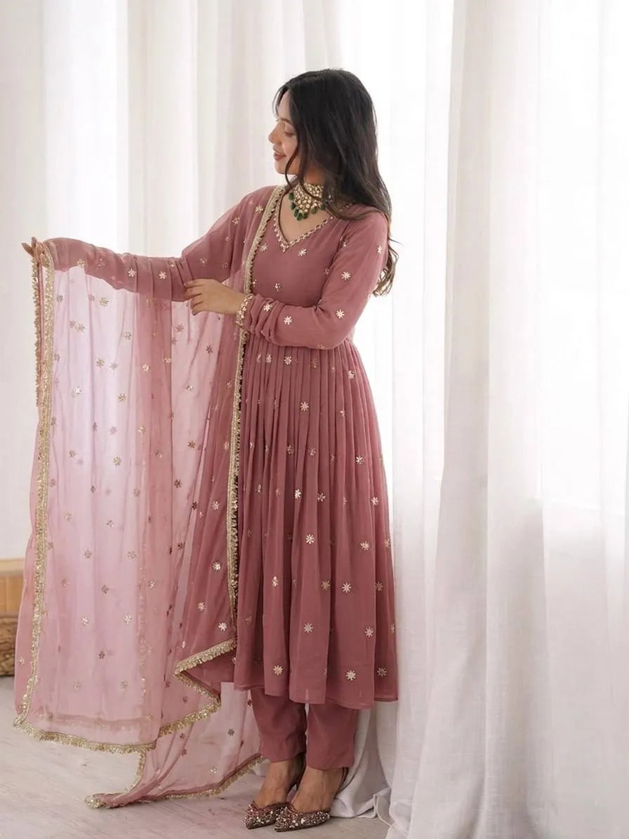 Mauve Embroidered Faux Georgette Flared  Anarkali Suit
