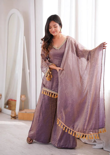 Mauve Designer Doremon Crush Palazzo Set
