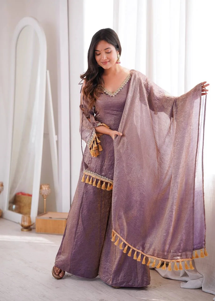 Mauve Designer Doremon Crush Palazzo Set