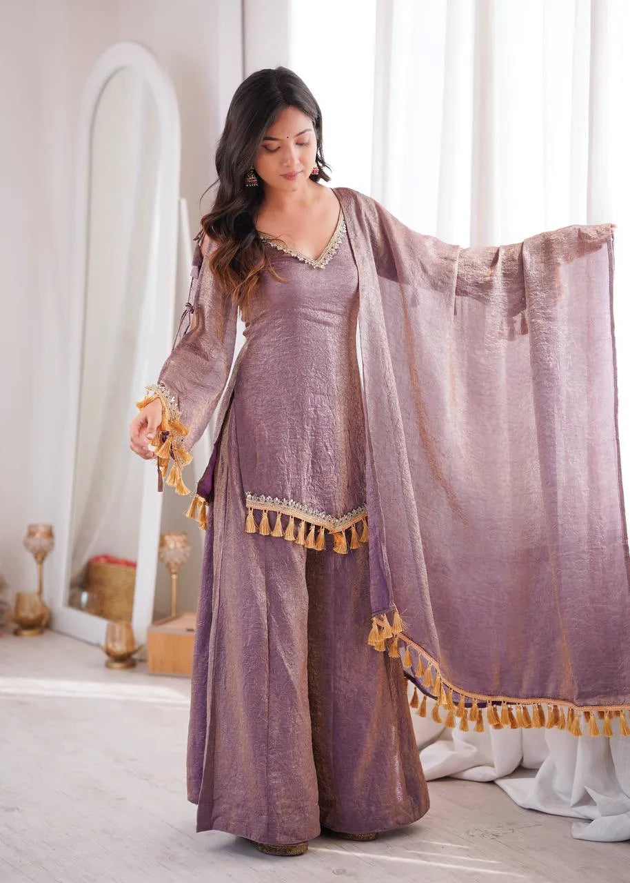 Mauve Designer Doremon Crush Palazzo Set