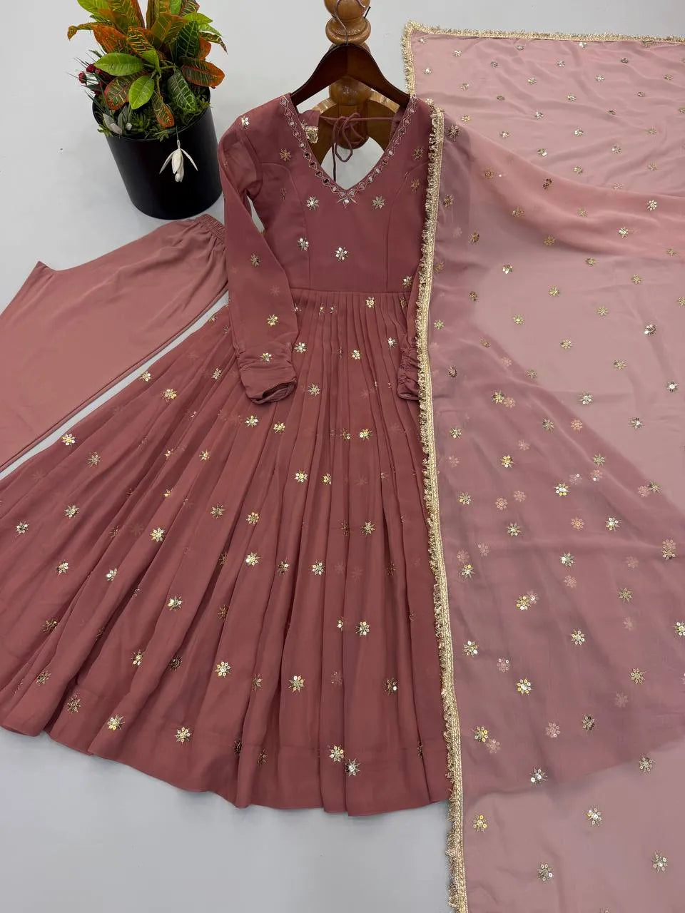 Mauve Embroidered Faux Georgette Flared  Anarkali Suit