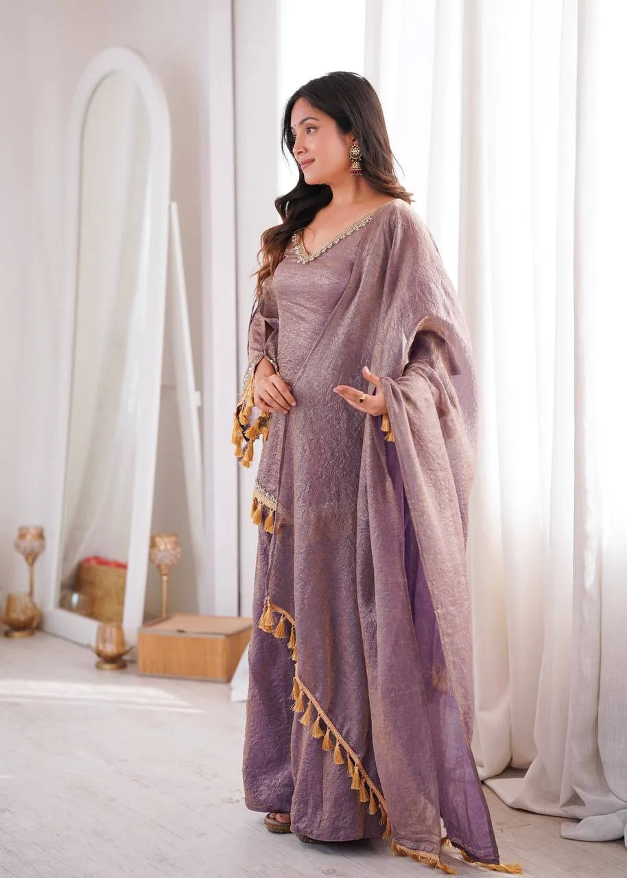 Mauve Designer Doremon Crush Palazzo Set