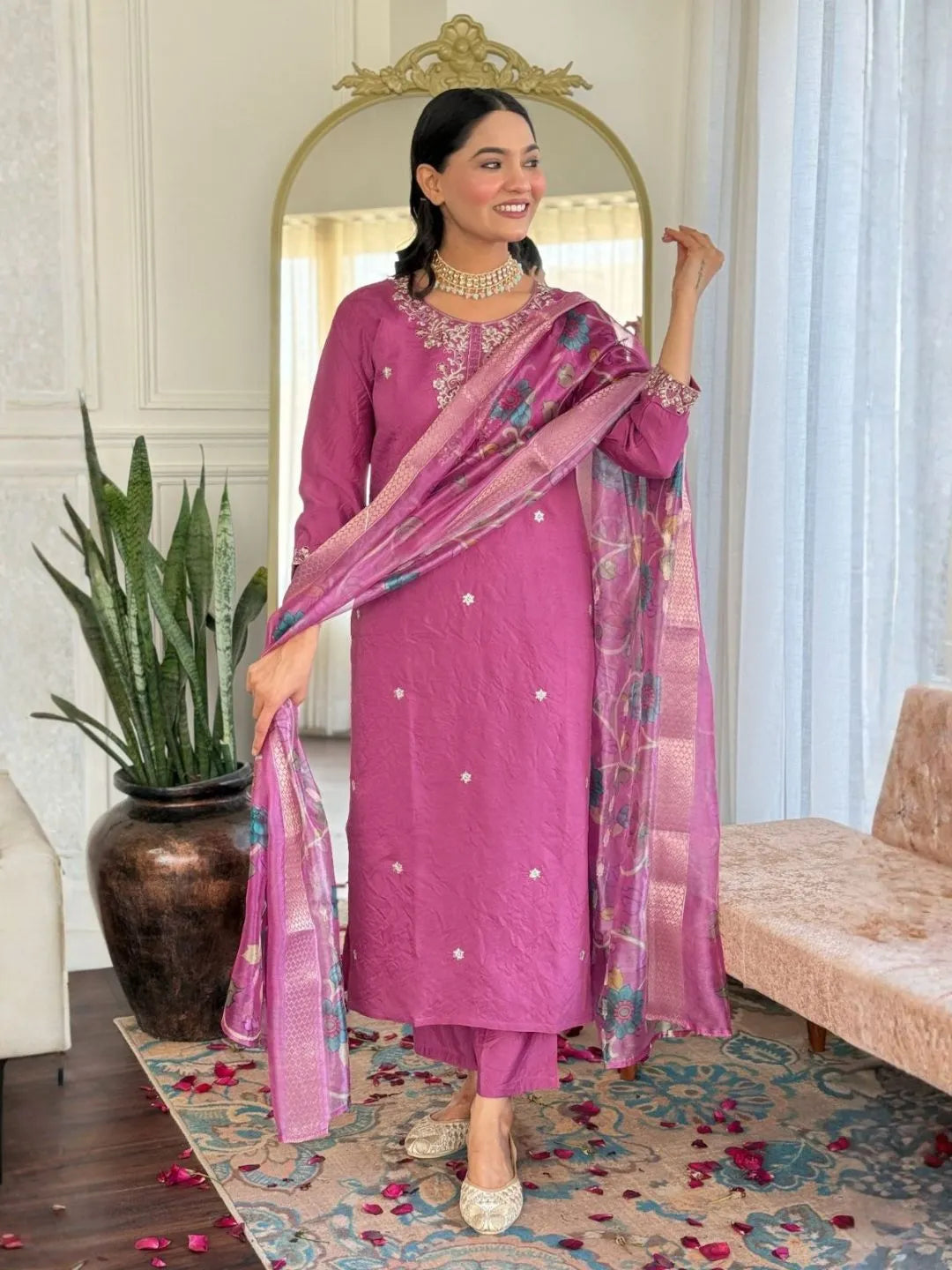mauve pink viscose chanderi embroidered kurta pant set