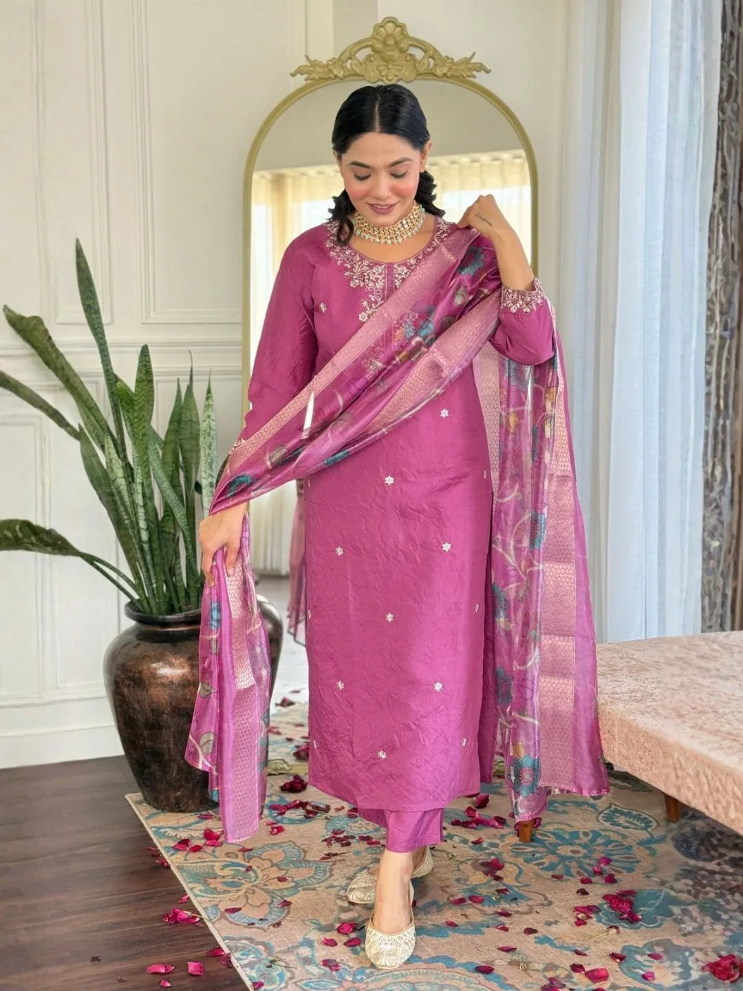 mauve pink embroidered kurta pant set