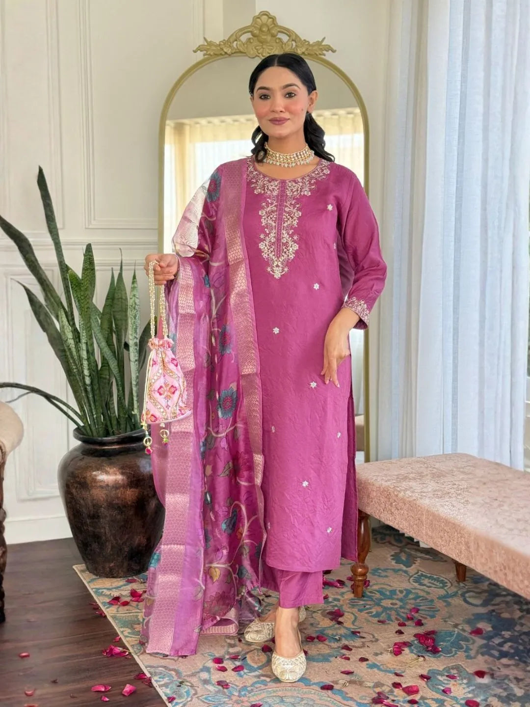 mauve pink viscose chanderi embroidered kurta pant set