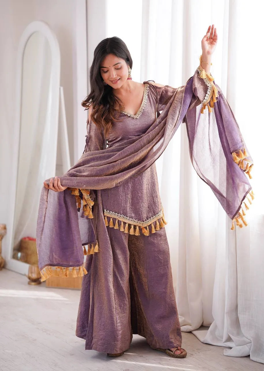 Mauve Designer Doremon Crush Palazzo Set