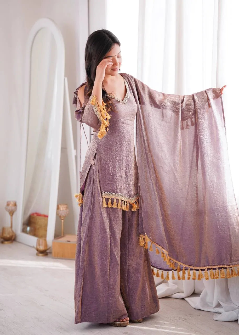 Mauve Designer Doremon Crush Palazzo Set