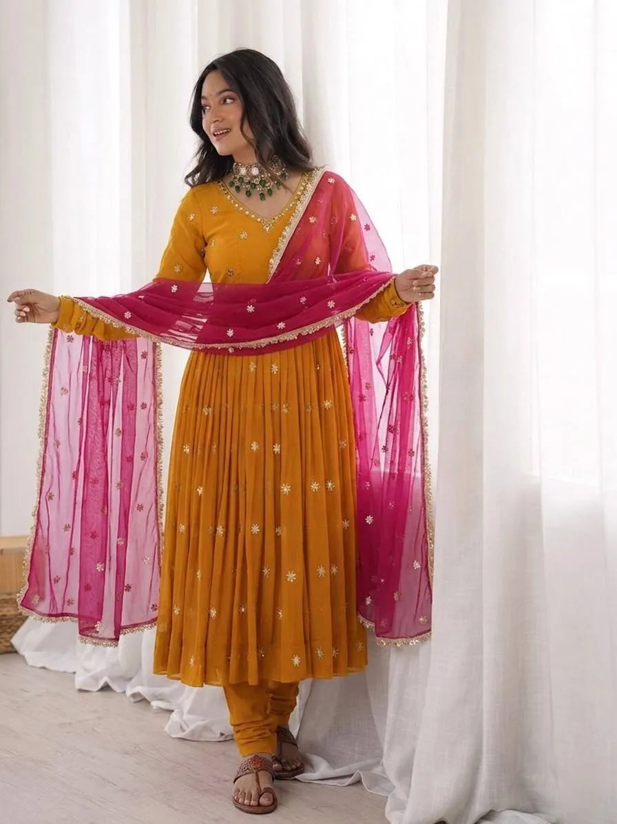 Mustard Embroidered Faux Georgette Flared  Anarkali Suit