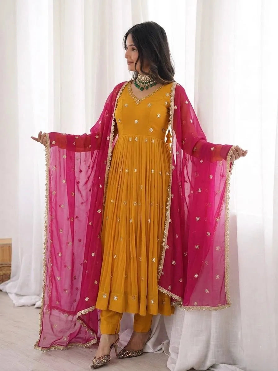 mustard anarkali gown