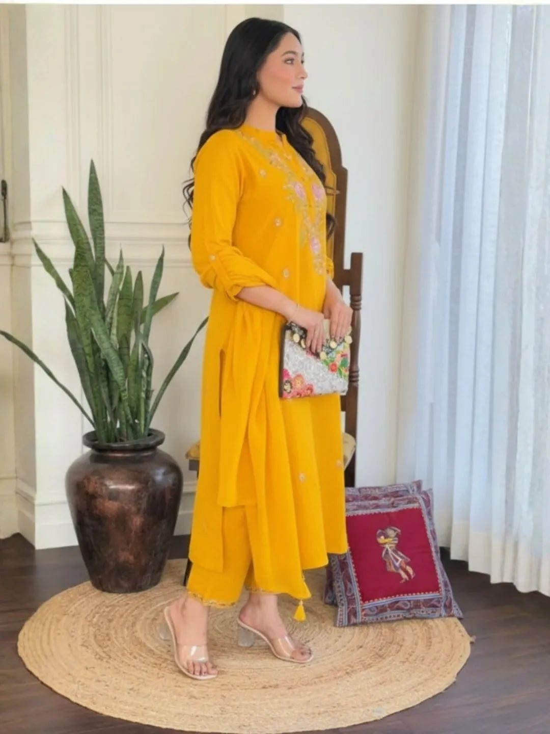 mustard embroidered kurta set for women