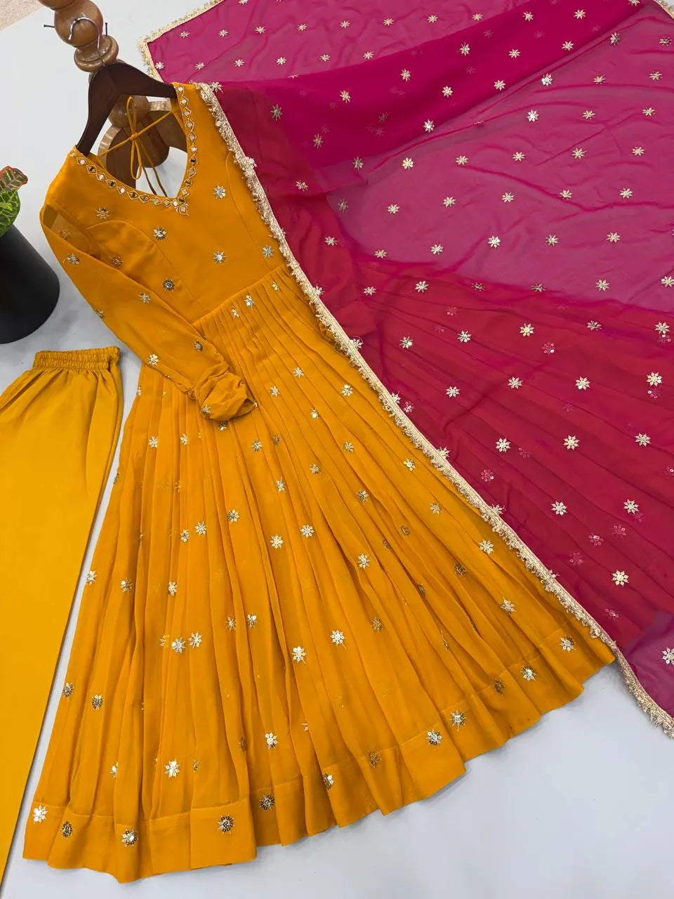 Mustard Embroidered Faux Georgette Flared  Anarkali Suit