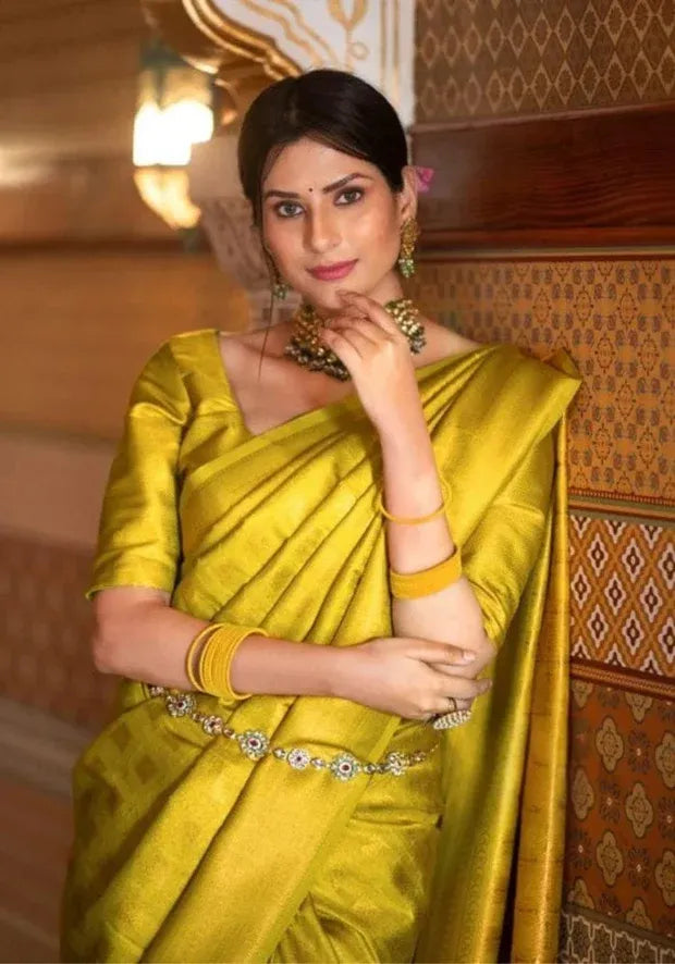 mustard gold banarasi silk saree