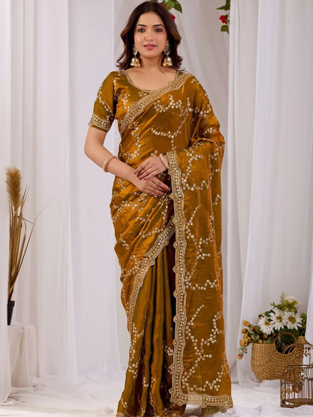 mustard gold embroidered silk saree
