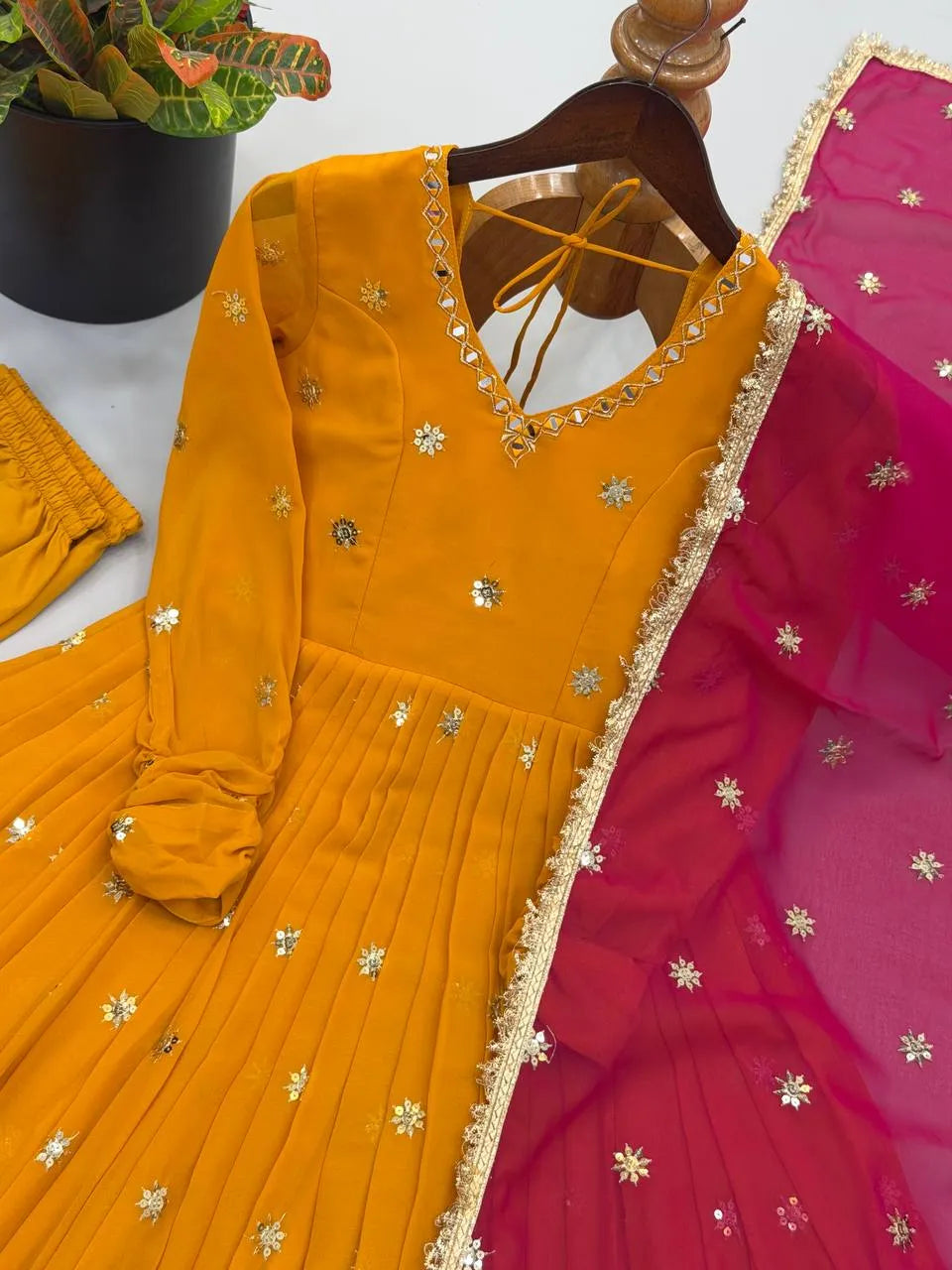 Mustard Embroidered Faux Georgette Flared  Anarkali Suit