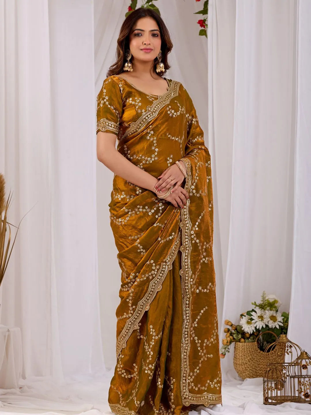 mustard gold embroidered silk saree