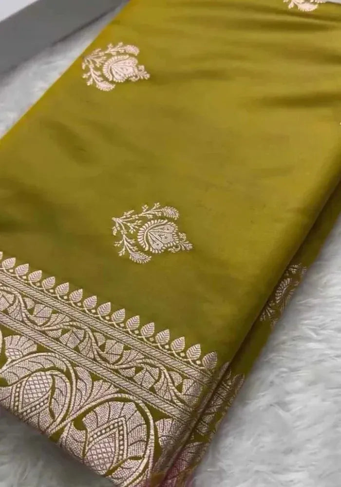 mustard yellow banarasi saree