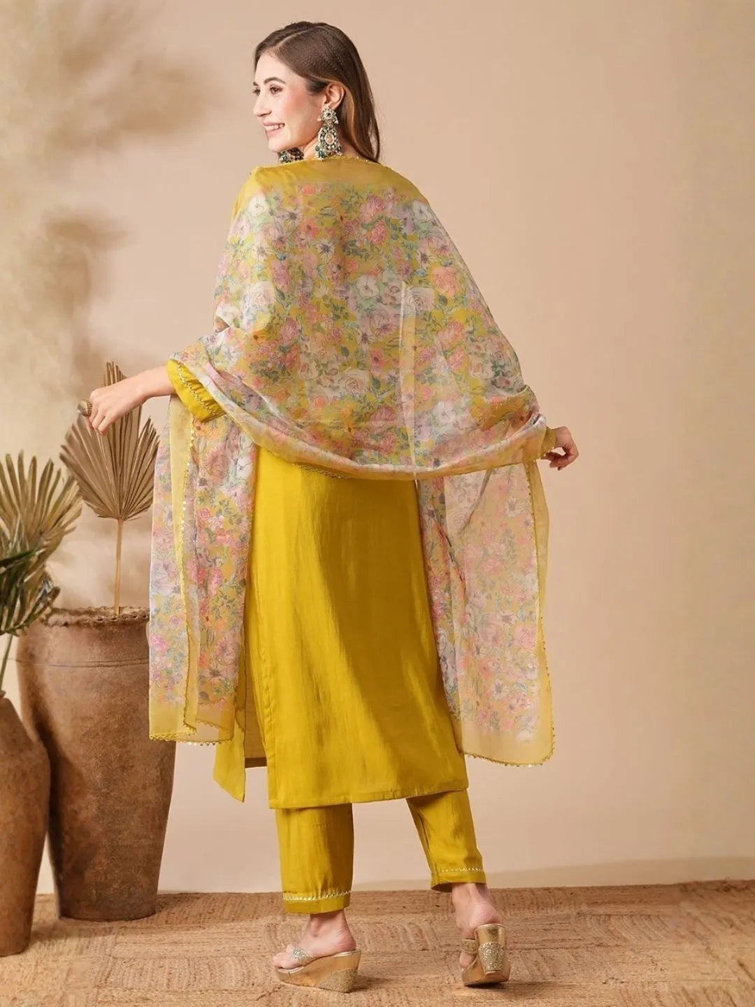 mustard yellow embroidered chanderi cotton kurta set