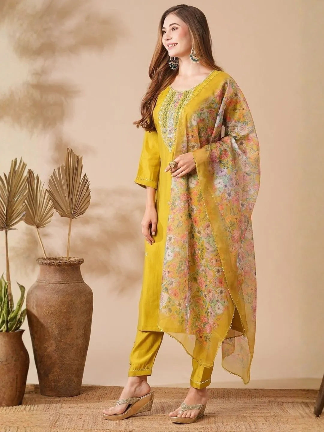 mustard yellow embroidered cotton kurta set