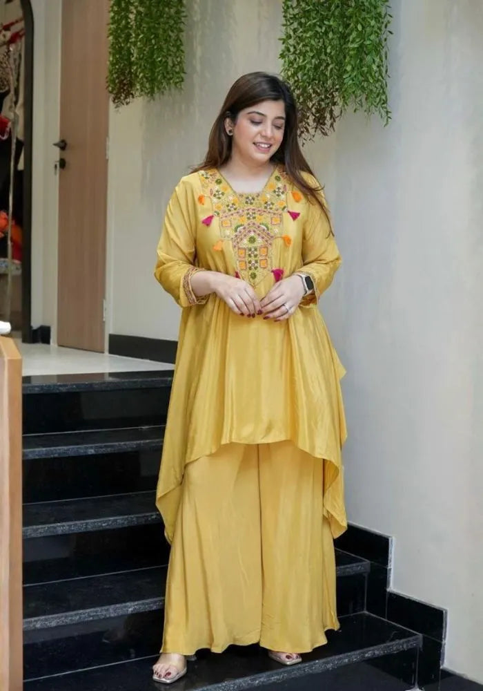 mustard yellow embroidered kurta set online