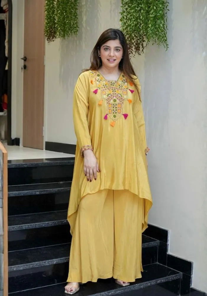 mustard yellow embroidered kurta set online