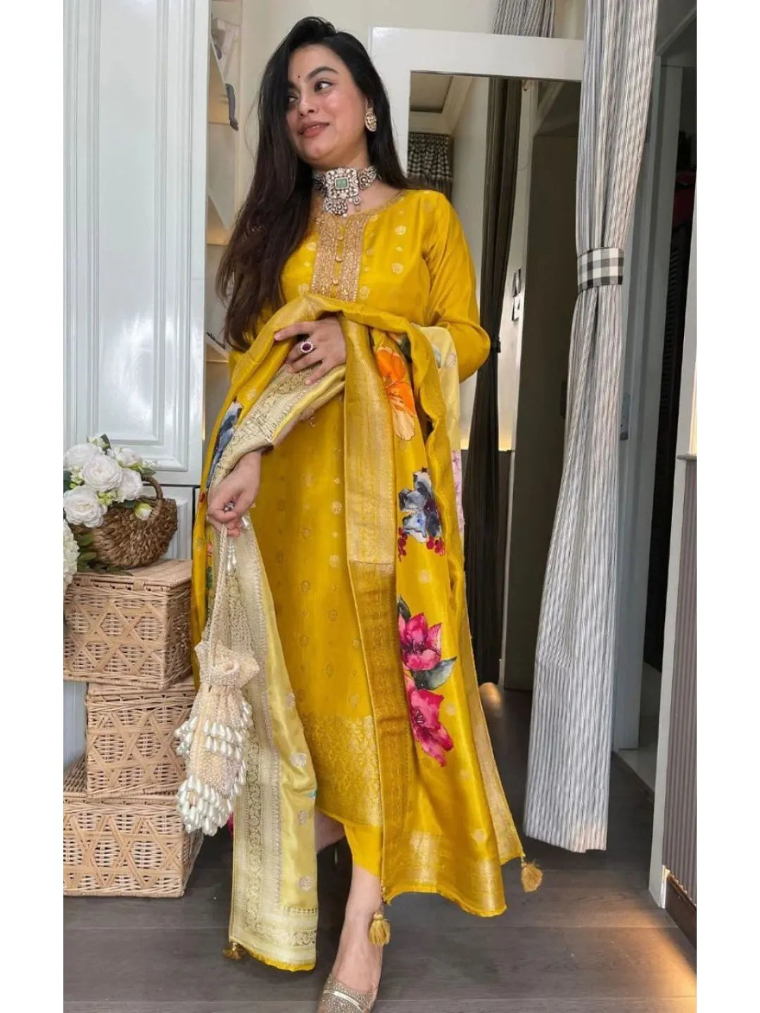 mustard yellow embroidered kurta set