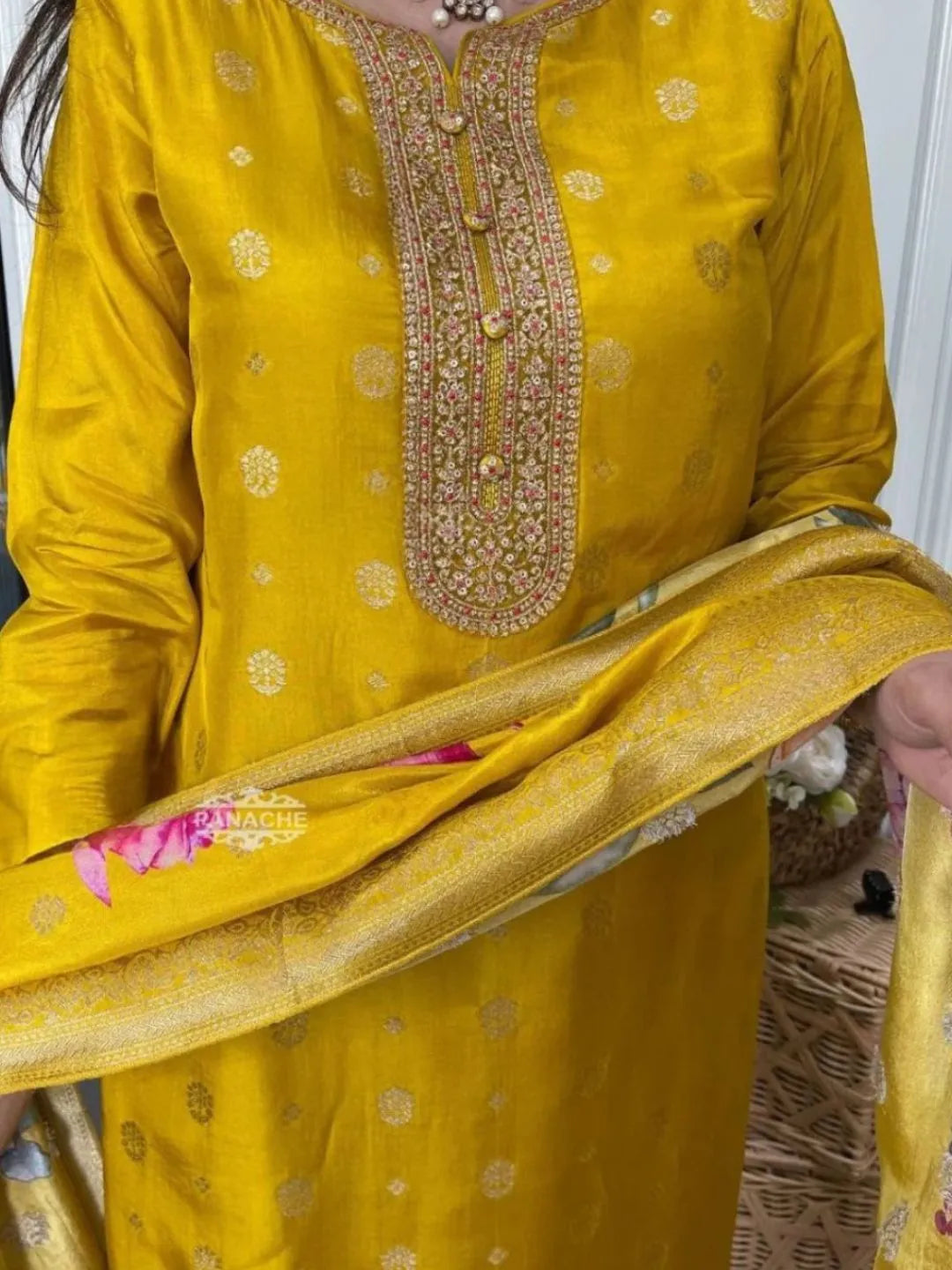 mustard yellow embroidered organza kurta set