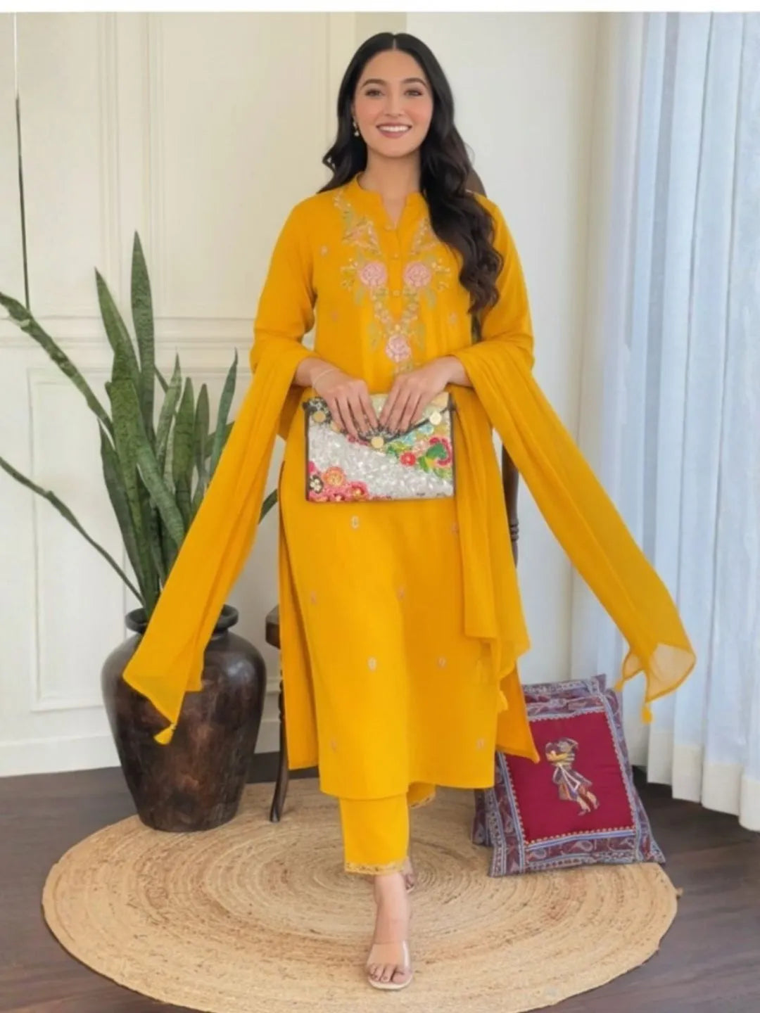 mustard yellow embroidered rayon slub kurta set