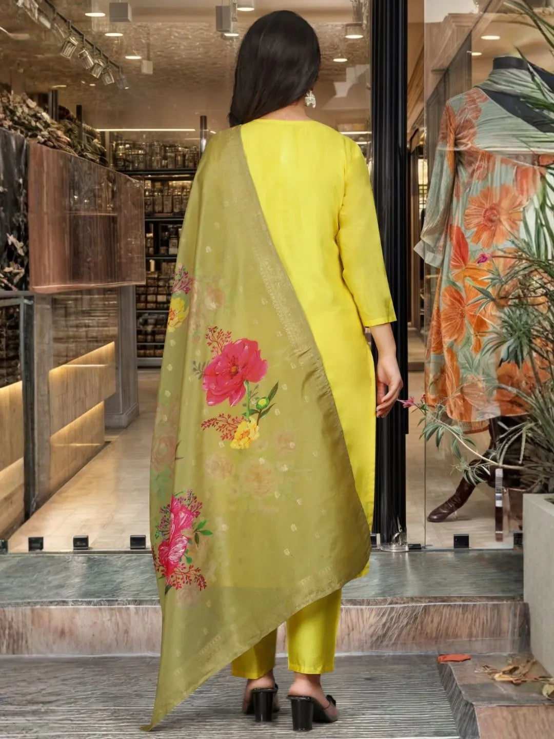 mustard yellow jacquard kurta set