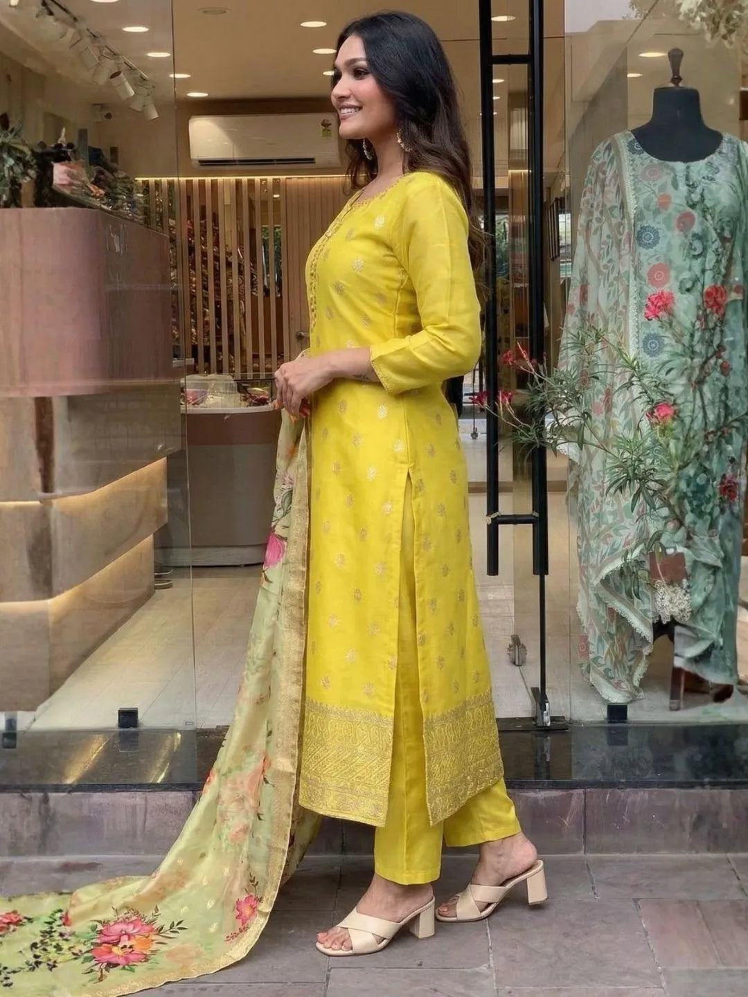 mustard yellow organza jacquard kurta set