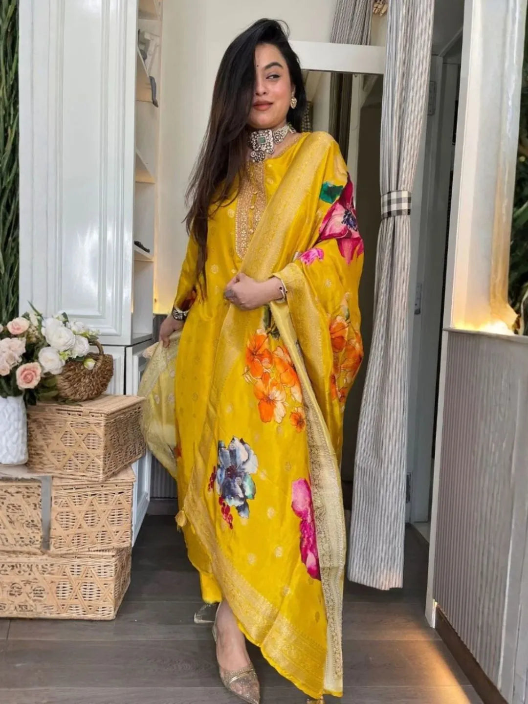 mustard yellow organza kurta set
