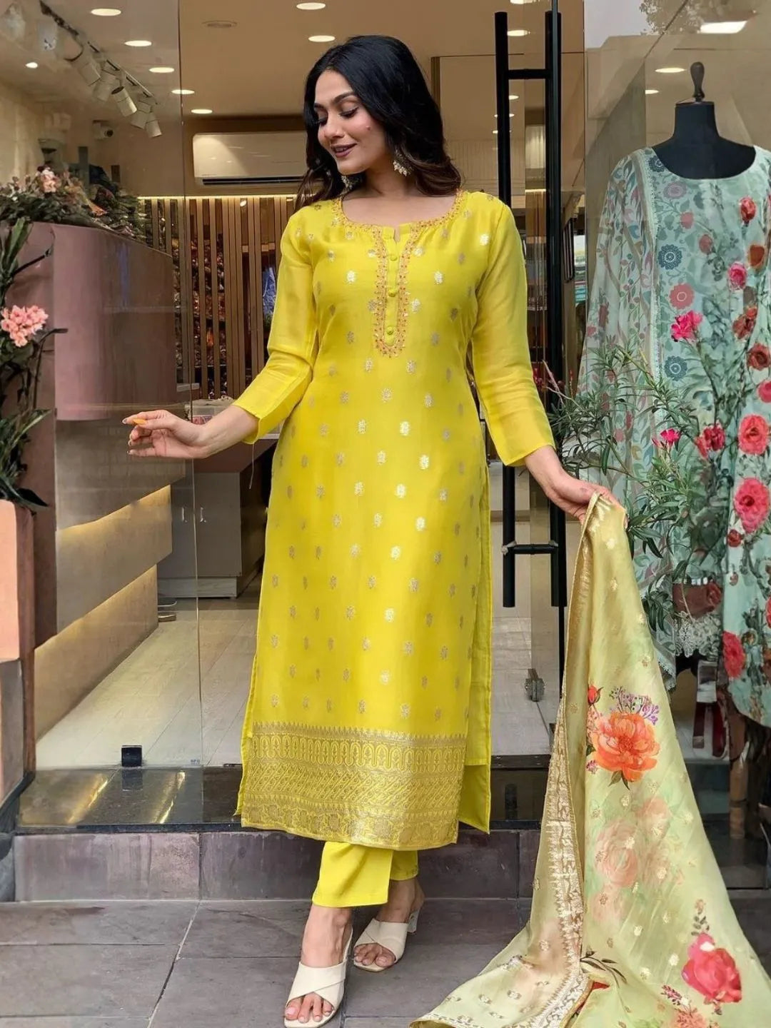 mustard yellow viscose organza jacquard kurta set