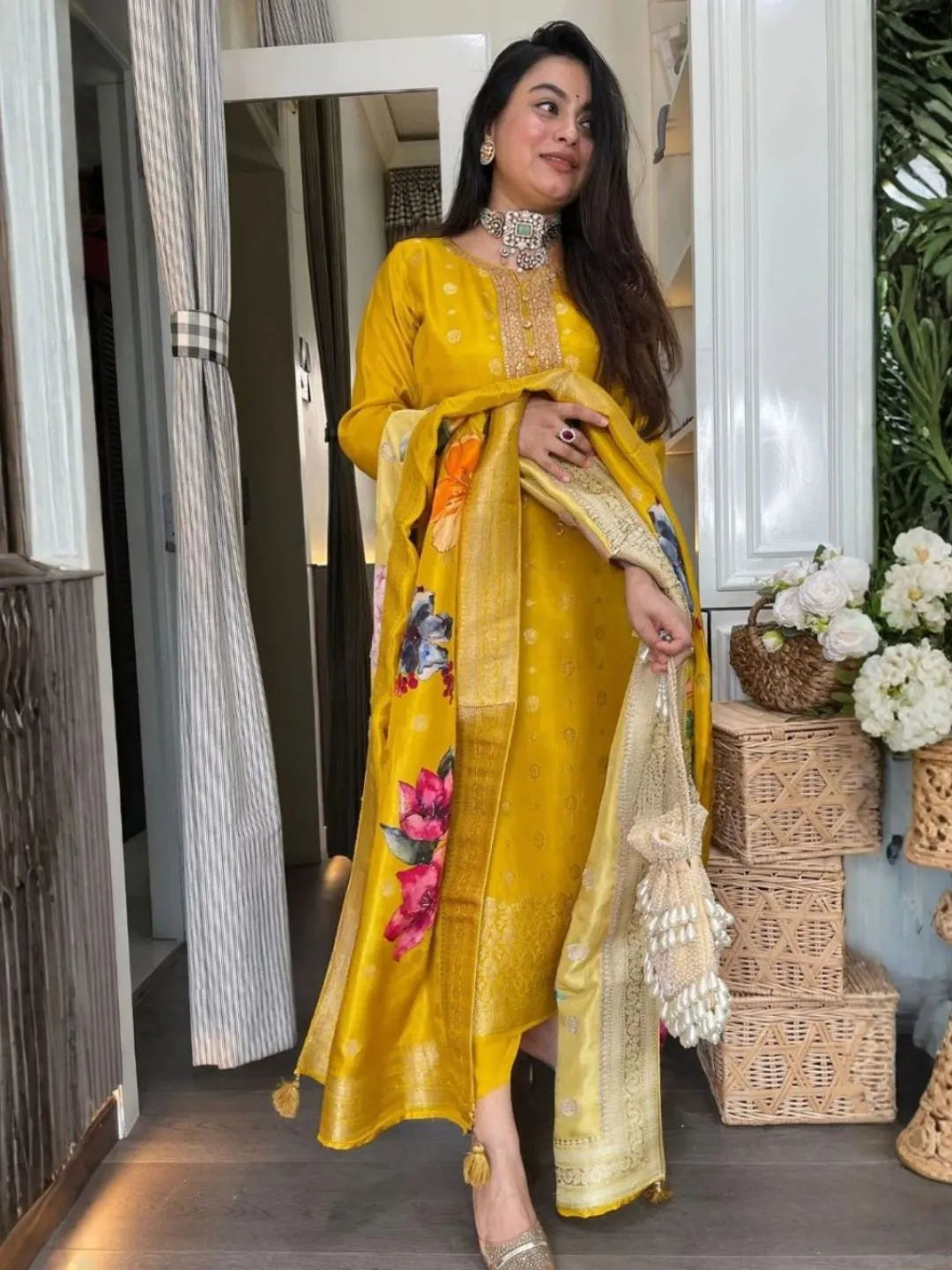 women yellow organza kurta set