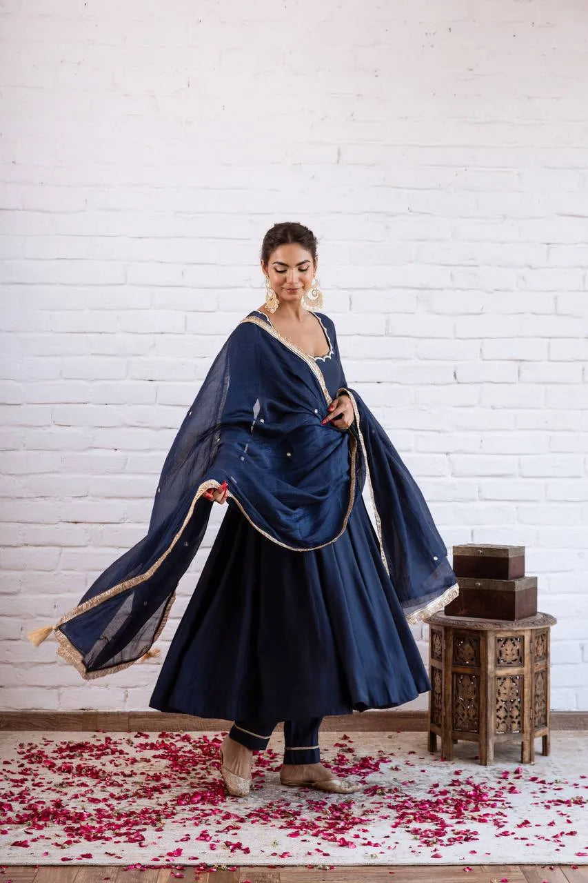 Navy Blue Vichitra Silk Beaded Anarkali Set