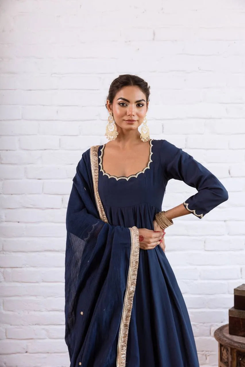 Navy Blue Vichitra Silk Beaded Anarkali Set
